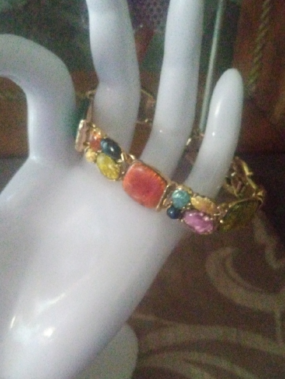 Stunning Foiled Art Glass Gold-plated Long Link Panel Bracelet